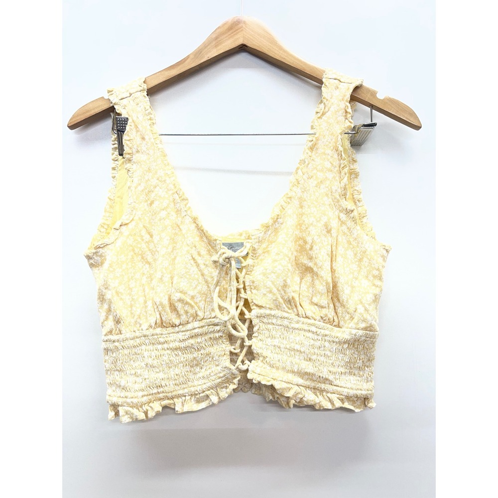 Sky & Sparrow Womens Yellow Floral Smocked Lace‎ Up Crop Top Ruffle V-Neck Large